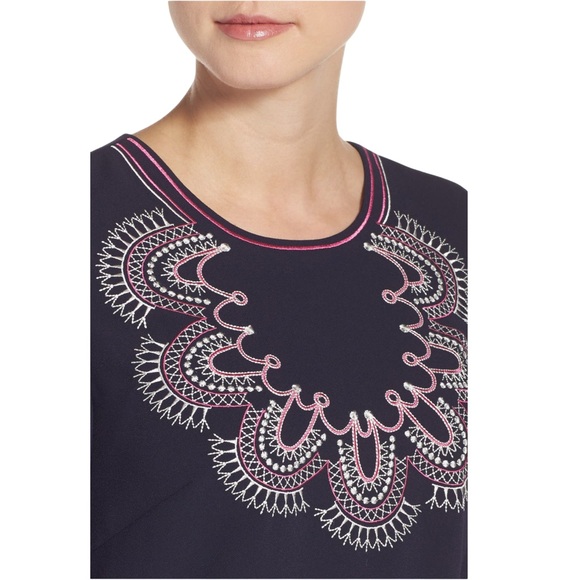 Eliza J | Women’s Navy Pink White Embroidered Crepe‎ 3/4 Sleeve Dress Size 8 EUC - Picture 3 of 9